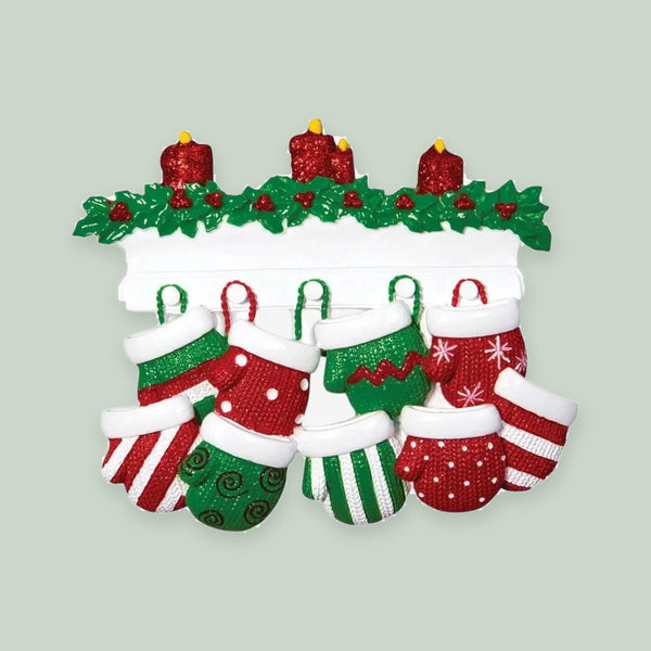 Red & Green Mitten Family of 9 Personalized Christmas Ornament
