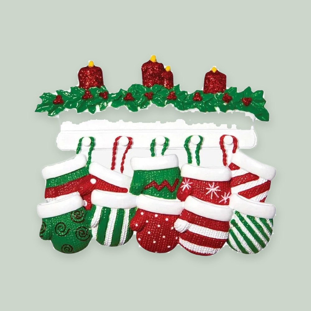 Red & Green Mitten Family of 10 Personalized Christmas Ornament