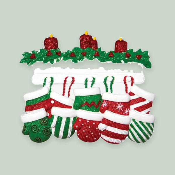 Red & Green Mitten Family of 10 Personalized Christmas Ornament