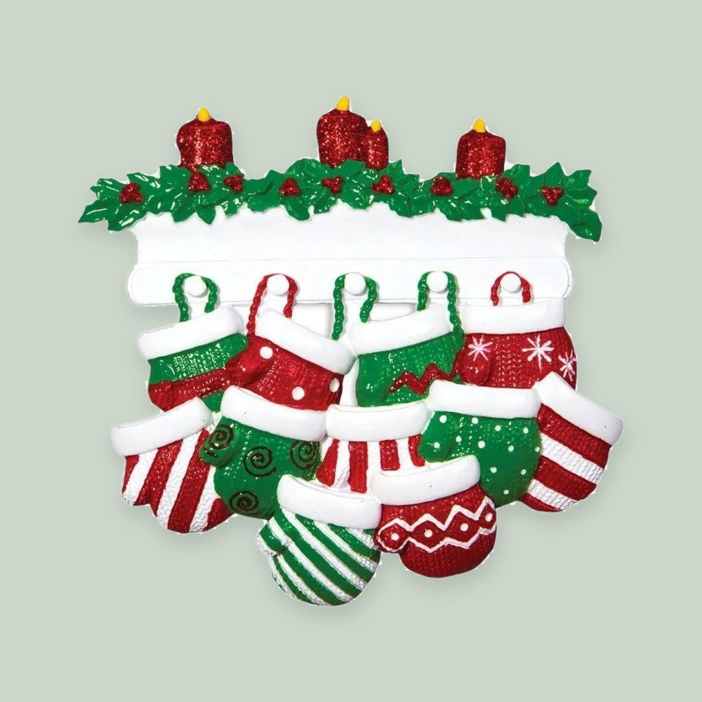 Red & Green Mitten Family of 11 Personalized Christmas Ornament