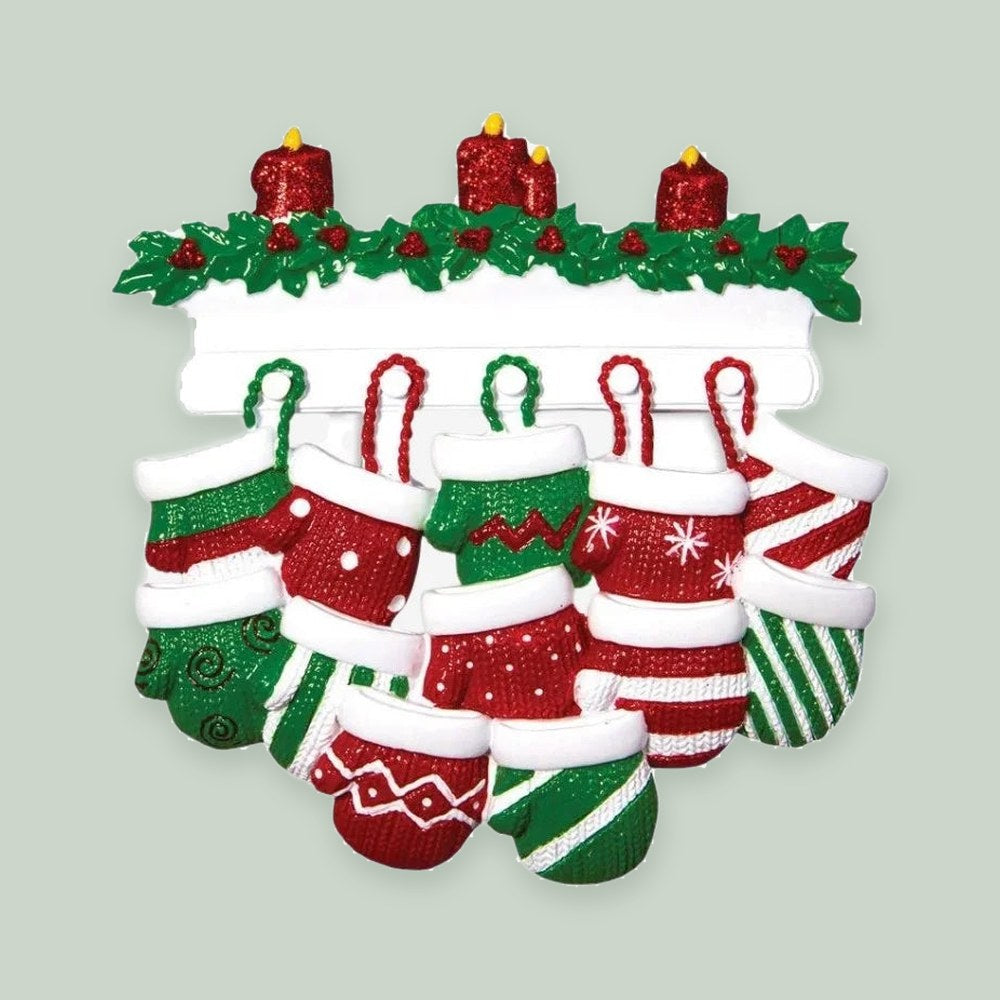 Red & Green Mitten Family of 12 Personalized Christmas Ornament