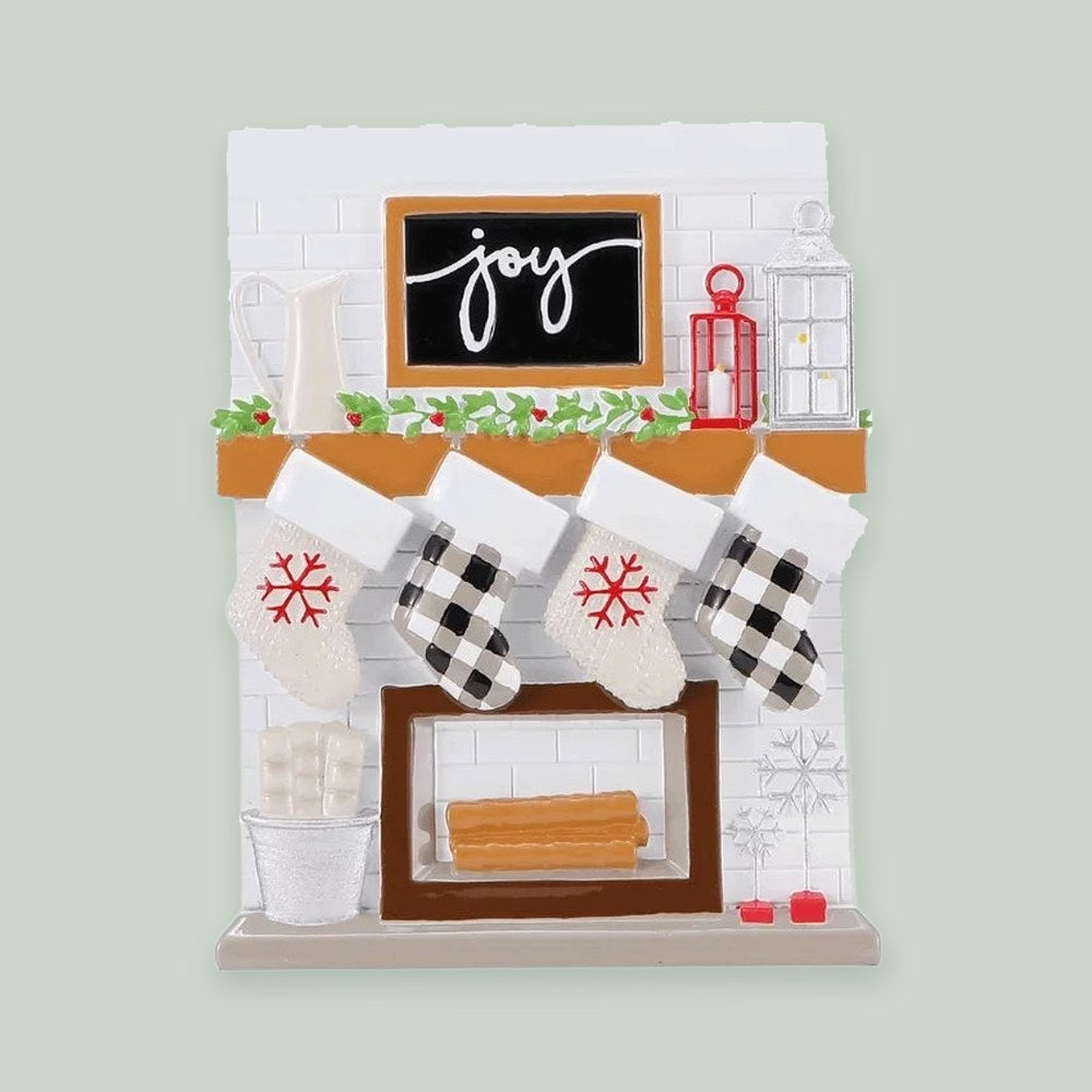 Fireplace Mantle Family of 4 Personalized Christmas Ornament