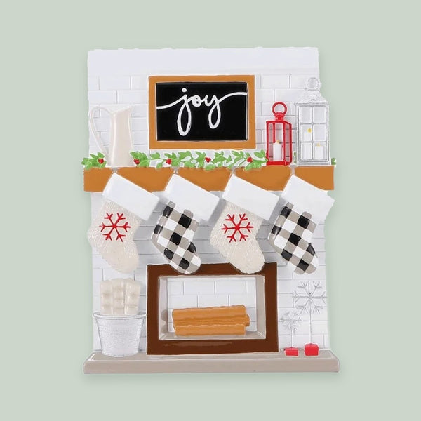 Fireplace Mantle Family of 4 Personalized Christmas Ornament