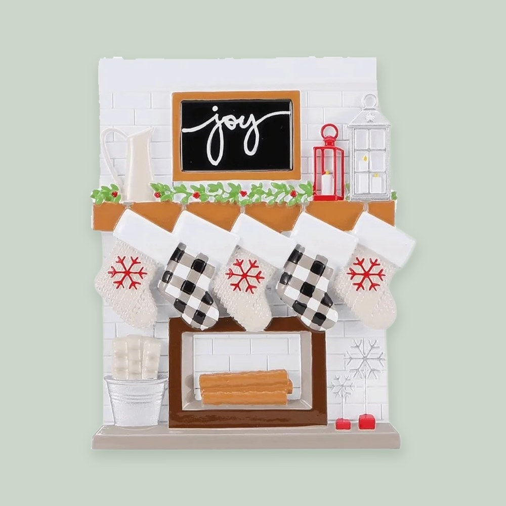 Fireplace Mantle Family of 5 Personalized Christmas Ornament