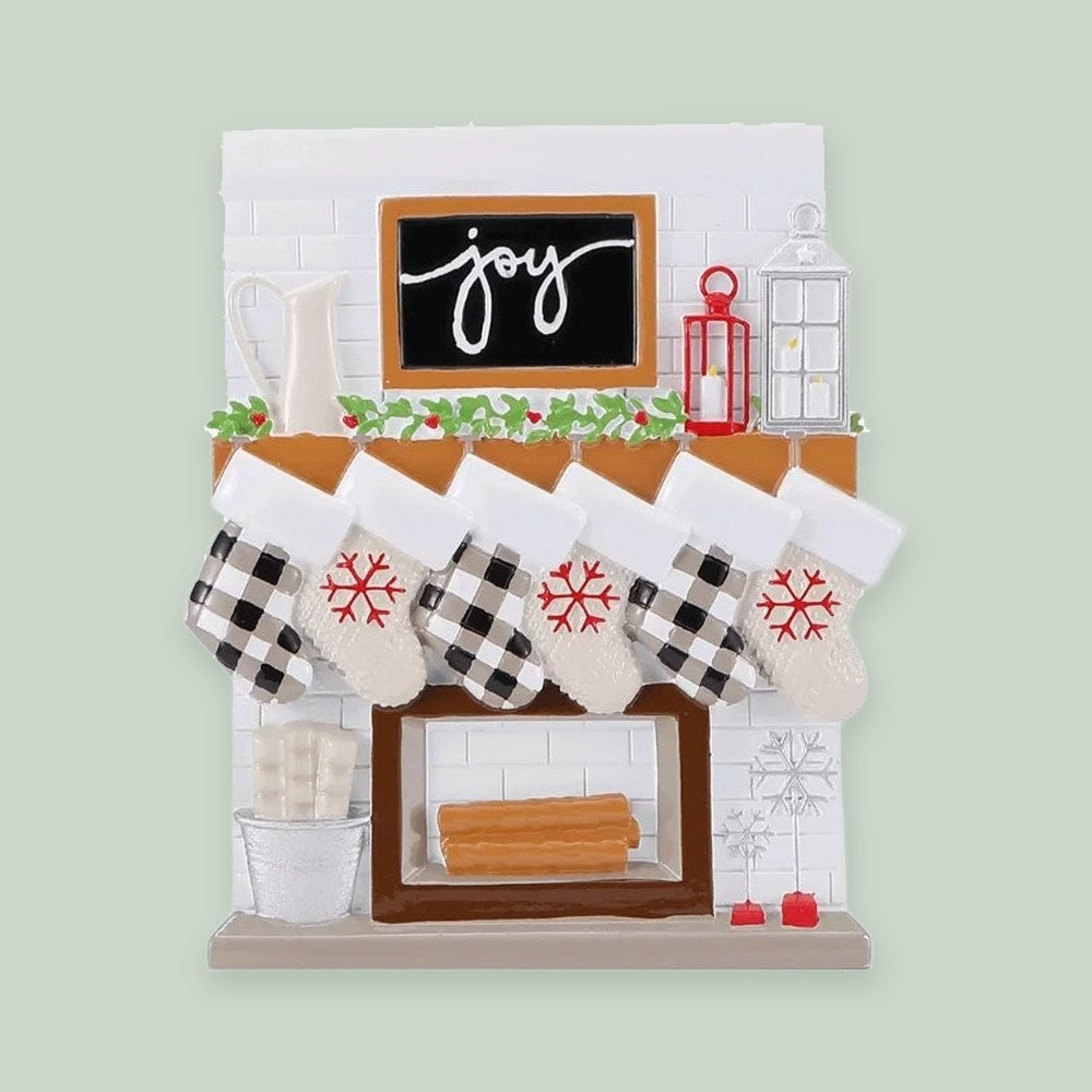 Fireplace Mantle Family of 6 Personalized Christmas Ornament