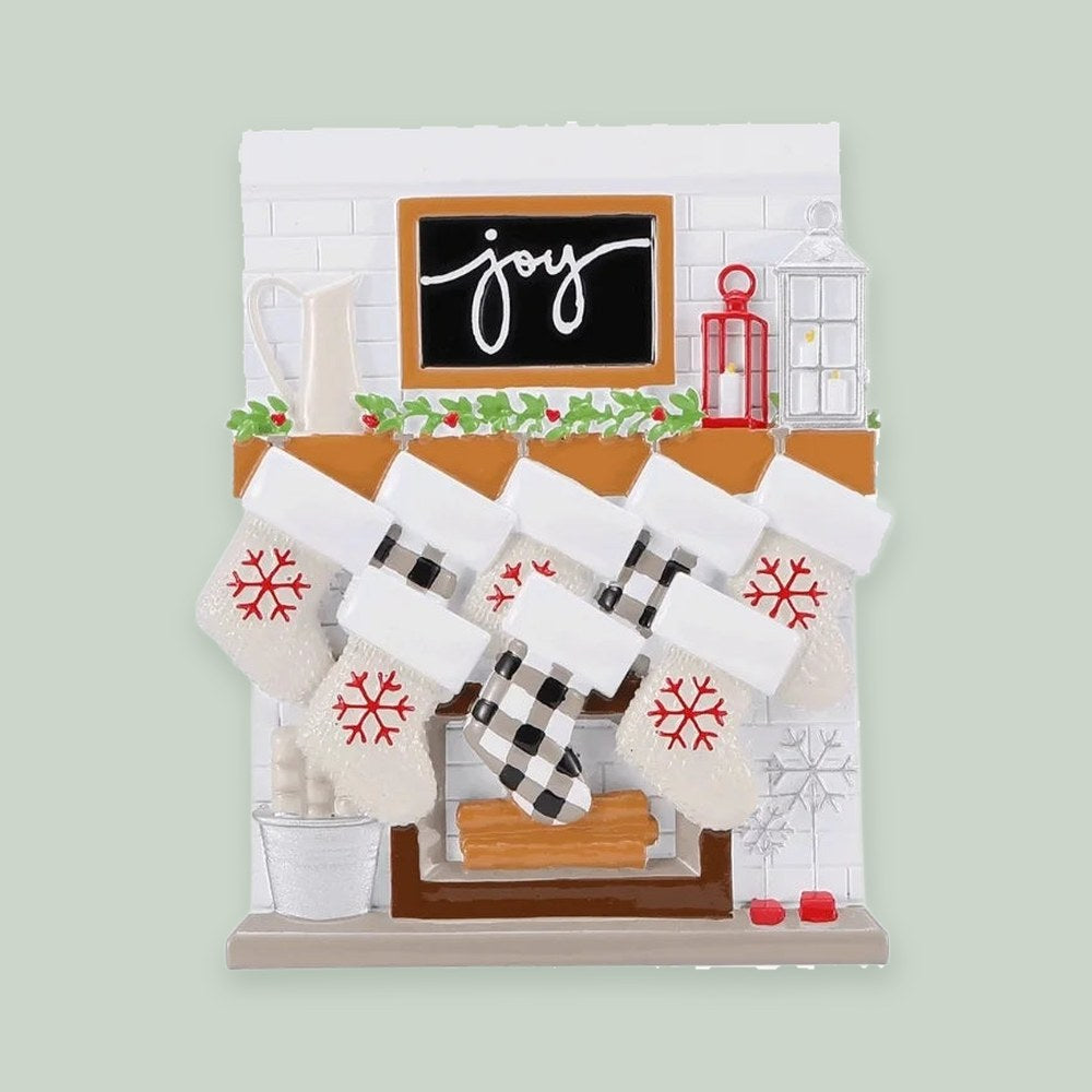 Fireplace Mantle Family of 8 Personalized Christmas Ornament