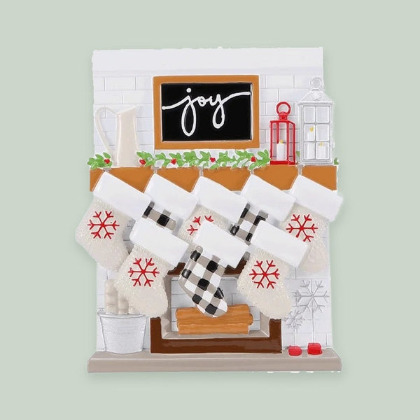 Fireplace Mantle Family of 8 Personalized Christmas Ornament