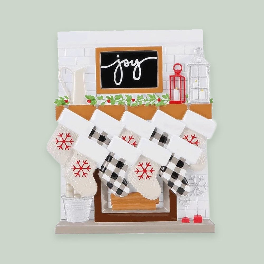 Fireplace Mantle Family of 9 Personalized Christmas Ornament