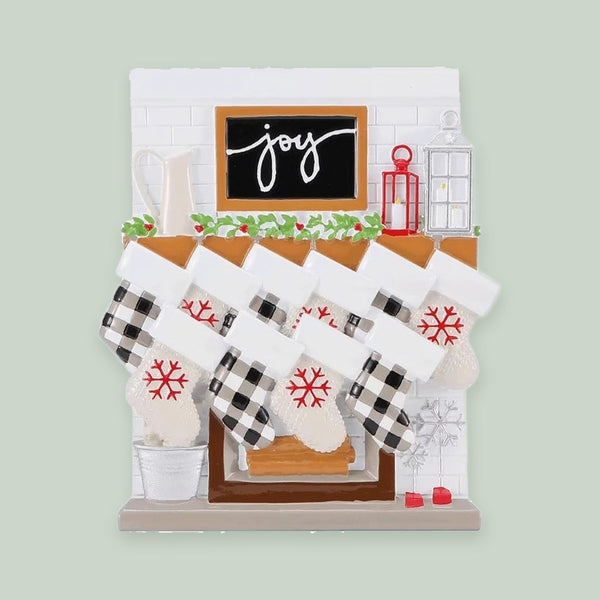 Fireplace Mantle Family of 10 Personalized Christmas Ornament