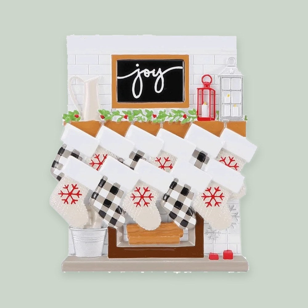 Fireplace Mantle Family of 11 Personalized Christmas Ornament