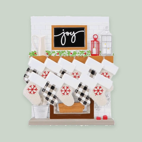 Fireplace Mantle Family of 11 Personalized Christmas Ornament