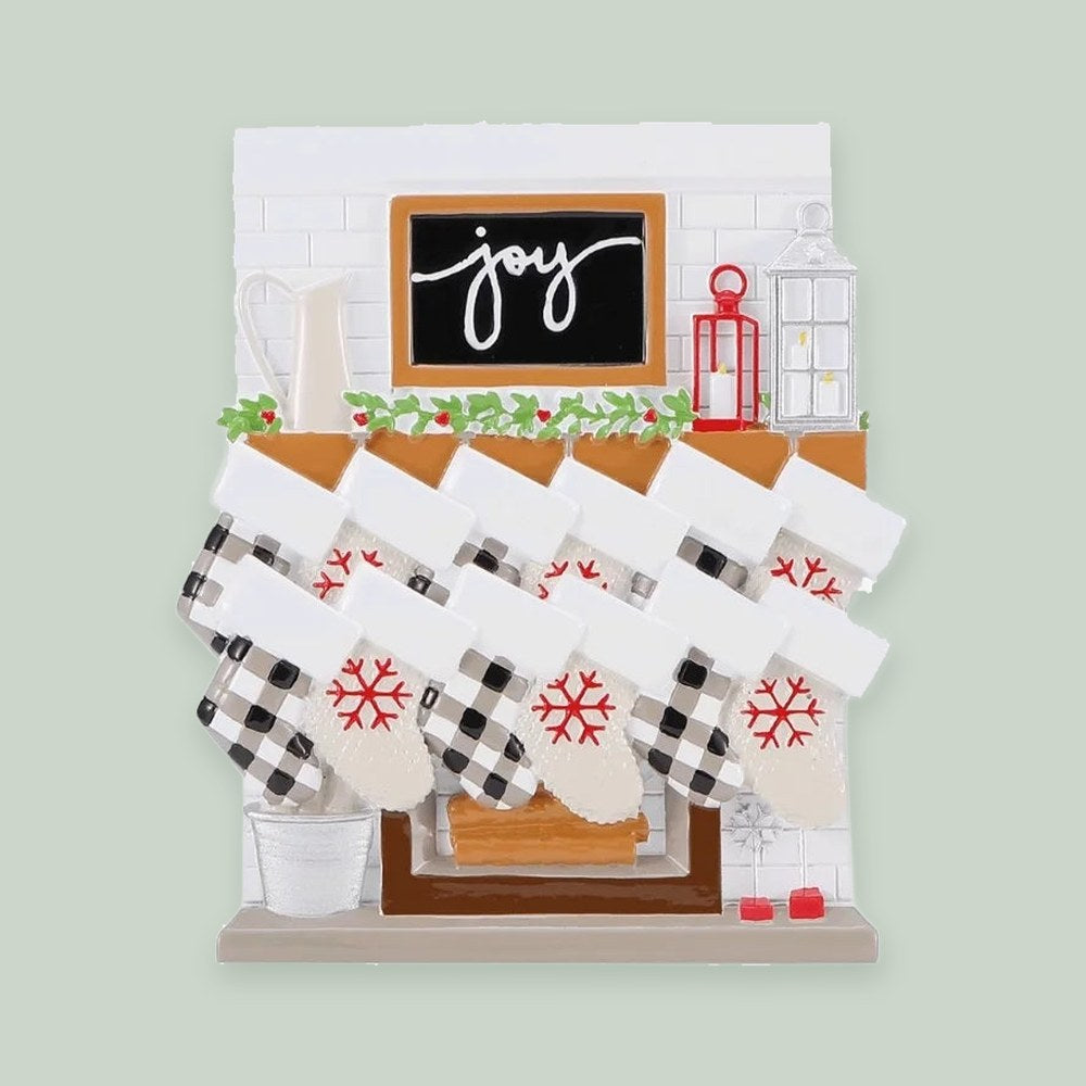 Fireplace Mantle Family of 12 Personalized Christmas Ornament