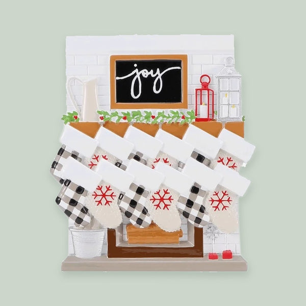 Fireplace Mantle Family of 12 Personalized Christmas Ornament