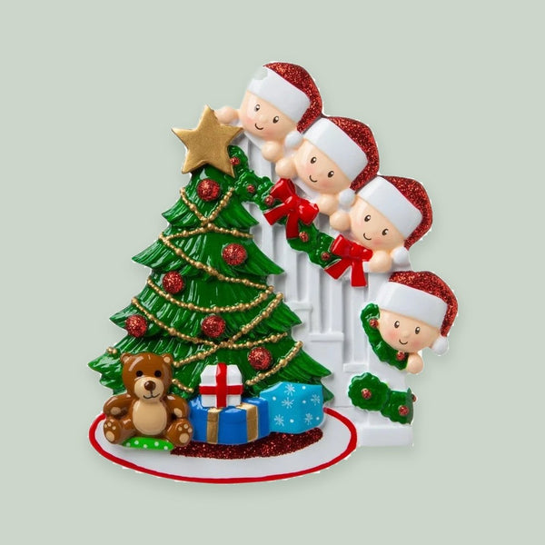 Peeking Family of 4 Personalized Christmas Ornament