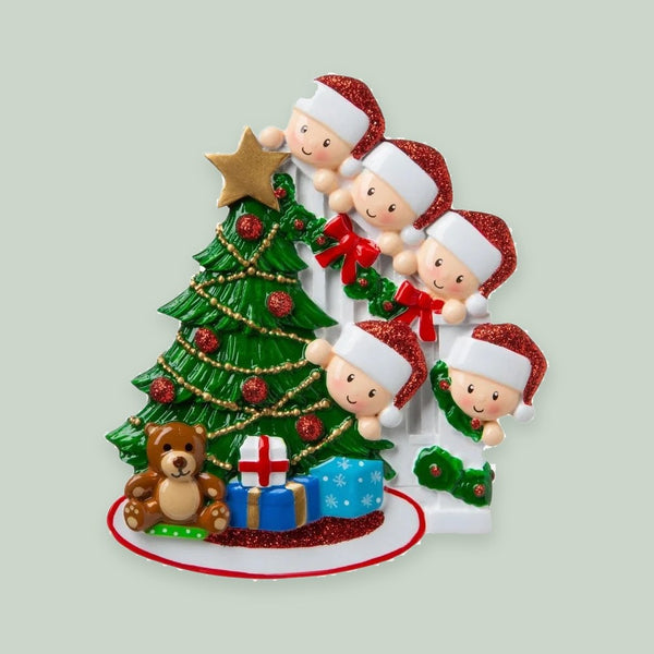 Peeking Family of 5 Personalized Christmas Ornament