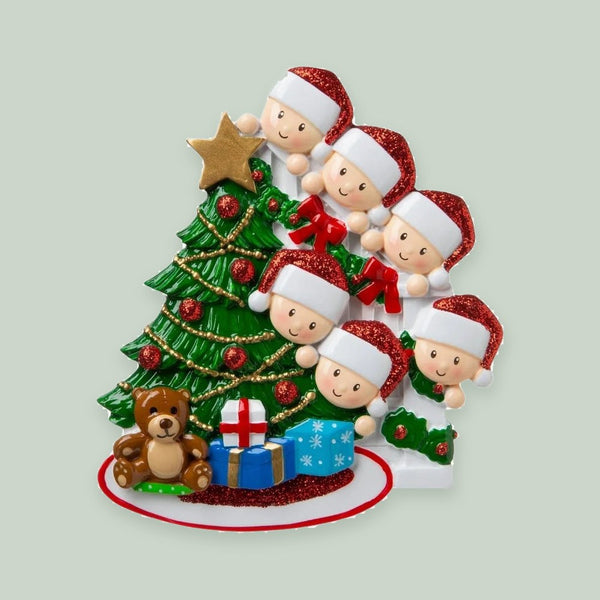 Peeking Family of 6 Personalized Christmas Ornament