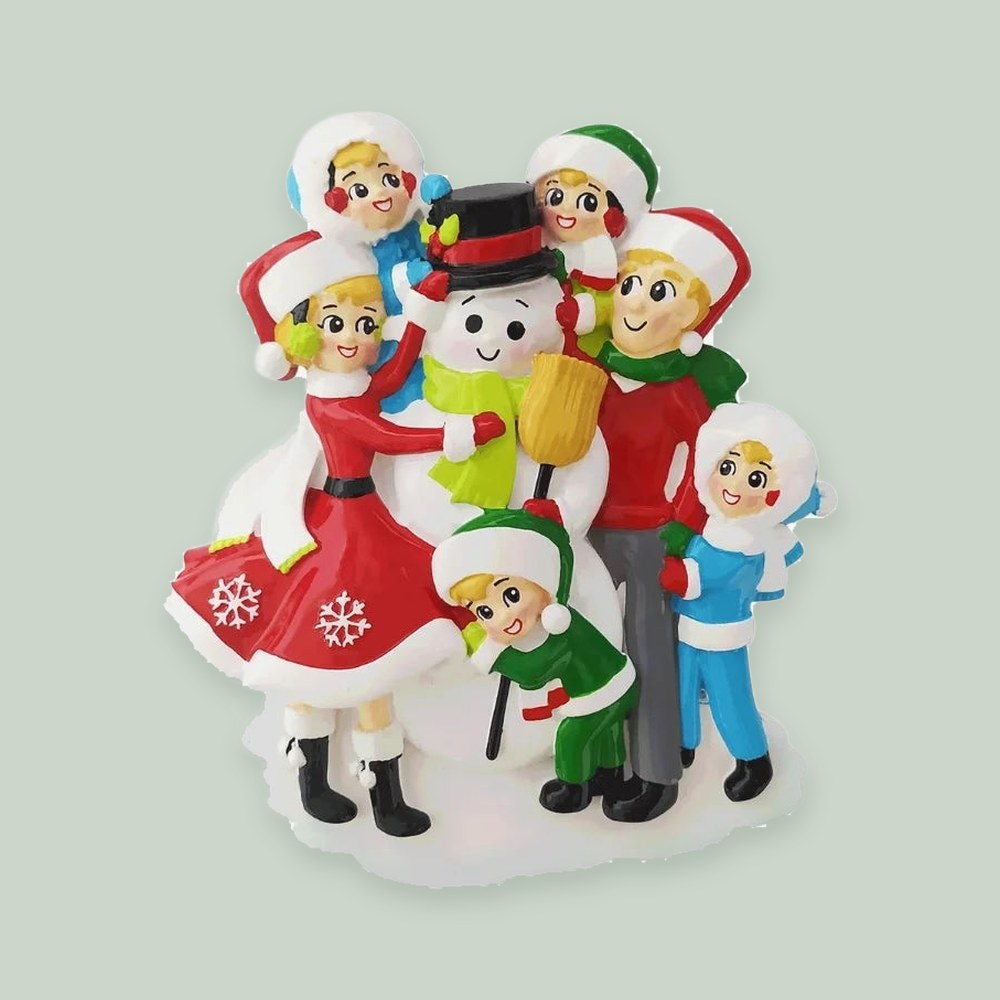 Snowman Building Family of 6 Personalized Christmas Ornament