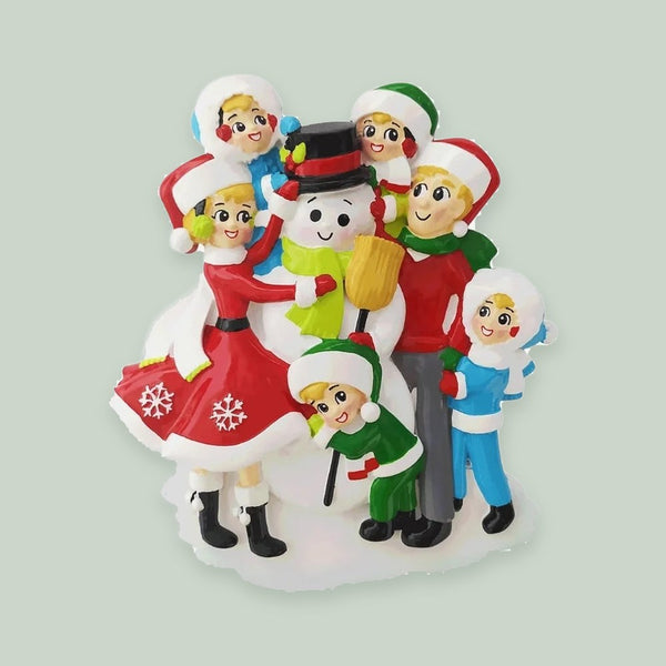 Snowman Building Family of 6 Personalized Christmas Ornament