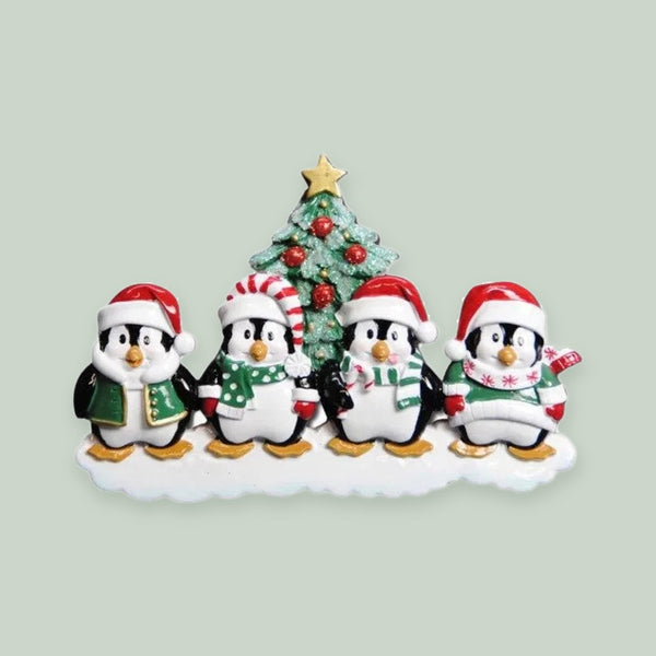 Winter Penguin Family of 4 Personalized Christmas Ornament