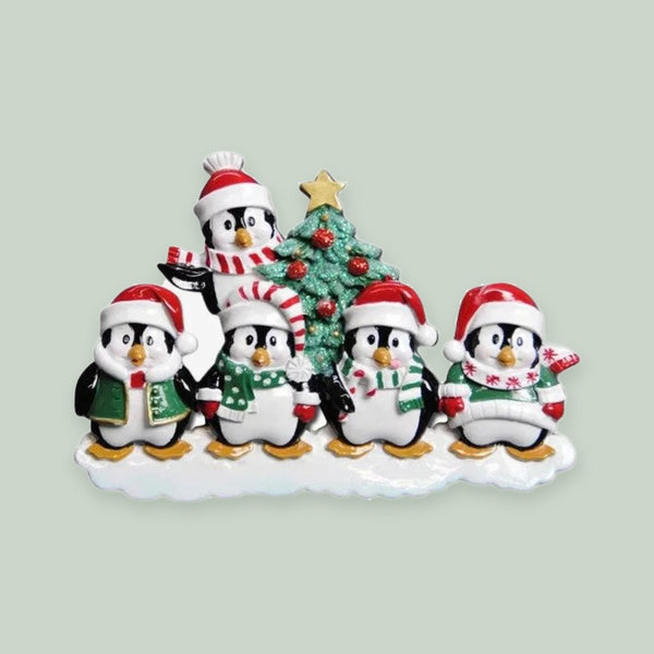 Winter Penguin Family of 5 Personalized Christmas Ornament