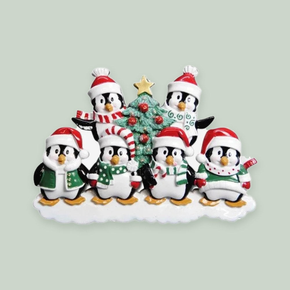 Winter Penguin Family of 6 Personalized Christmas Ornament