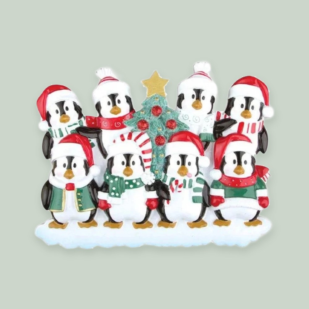 Winter Penguin Family of 8 Personalized Christmas Ornament