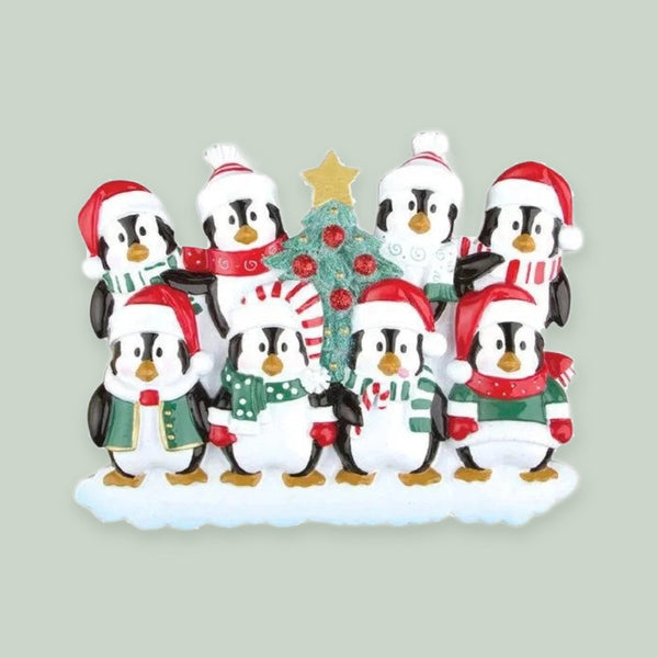 Winter Penguin Family of 8 Personalized Christmas Ornament