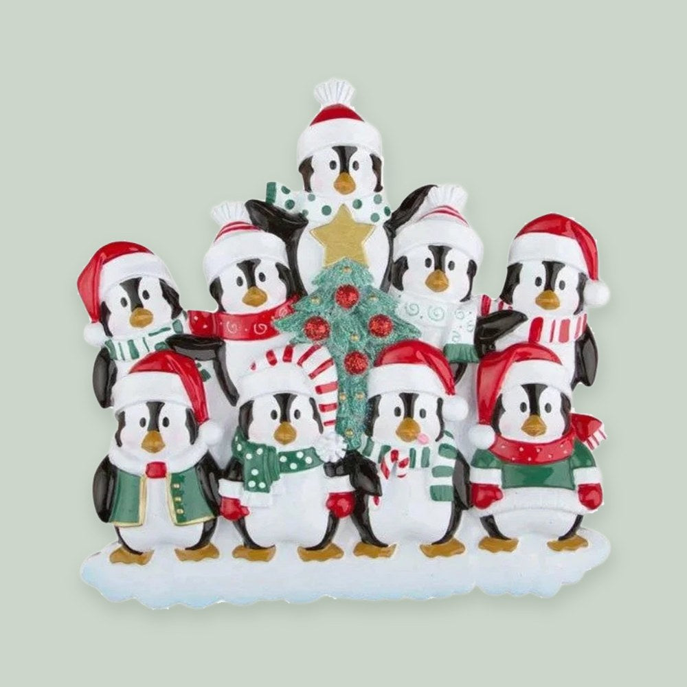 Winter Penguins Family of 9 Personalized Christmas Ornament