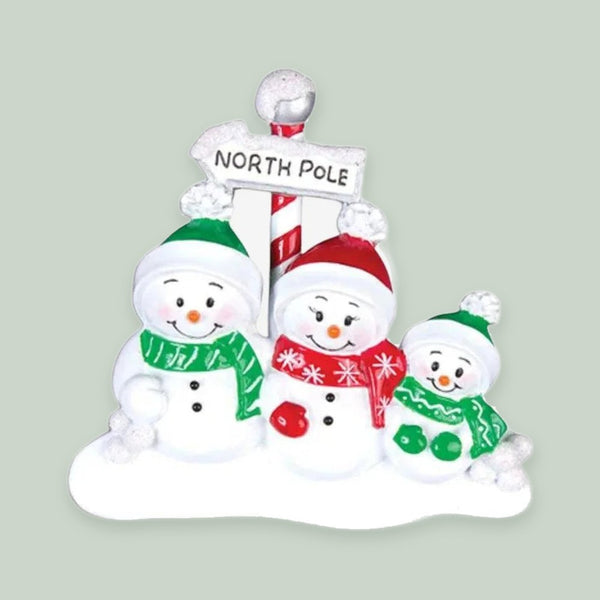 North Pole Family of 3 Personalized Christmas Ornaments