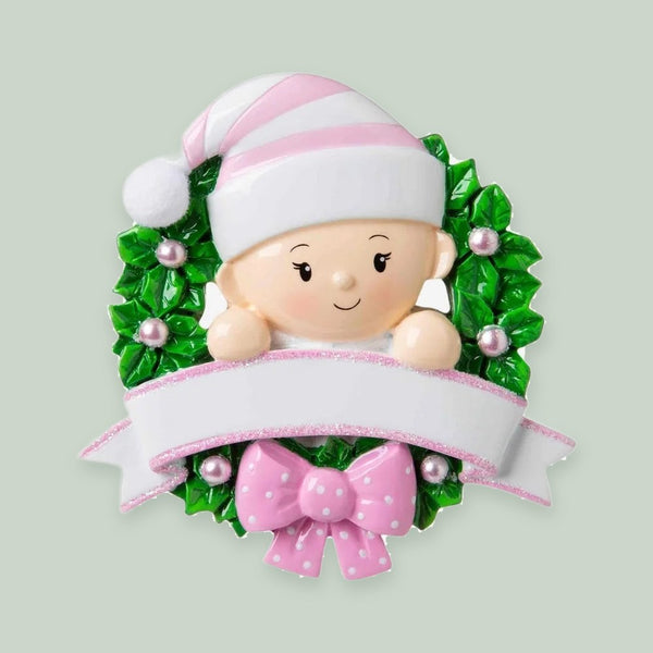 Baby in a Wreath (Pink) Personalized Christmas Ornament