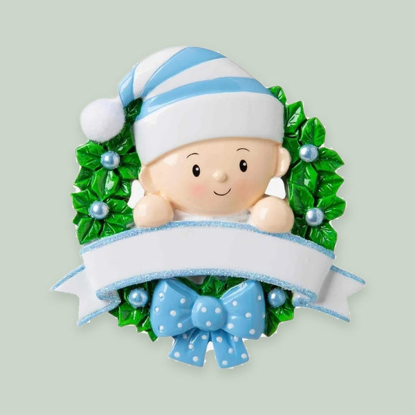 Baby in a Wreath (Light Blue) Personalized Christmas Ornament