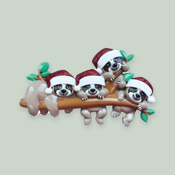 Sloth Family of 4 Personalized Christmas Ornament