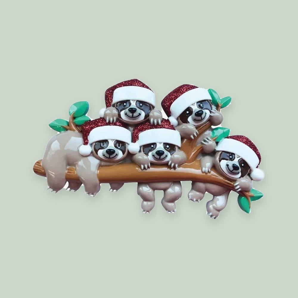 Sloth Family of 5 Personalized Christmas Ornament