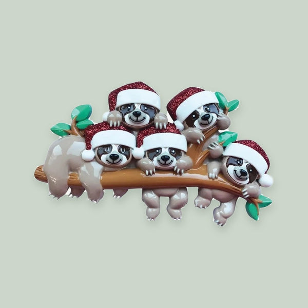 Sloth Family of 5 Personalized Christmas Ornament