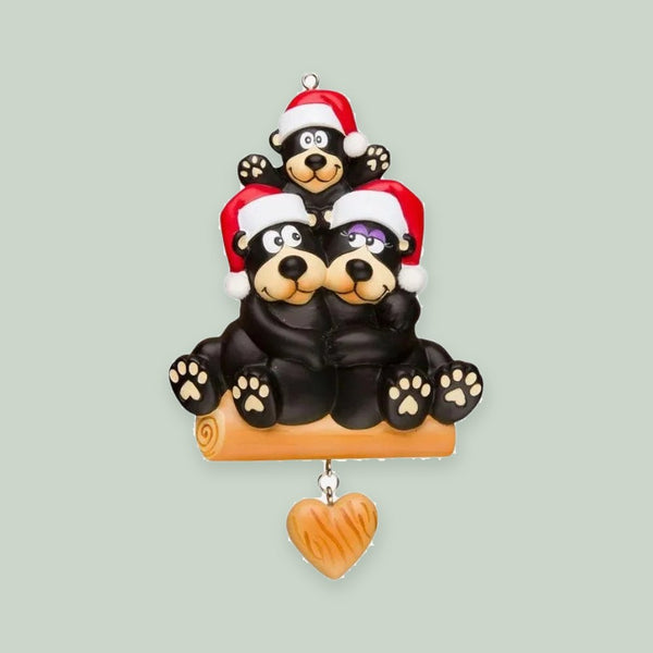 Black Bear Family of 3 Personalized Christmas Ornament