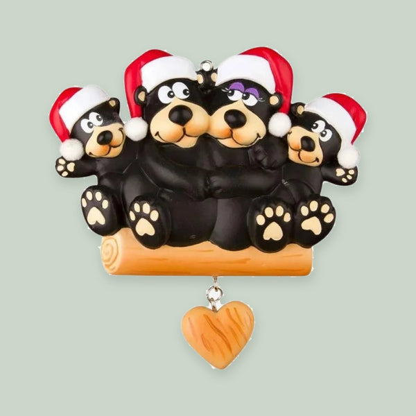 Black Bear Family of 4 Personalized Christmas Ornament