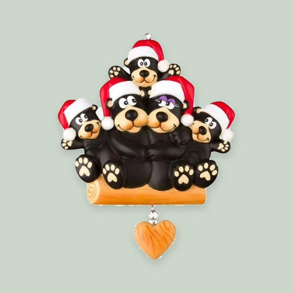Black Bear Family of 5 Personalized Christmas Ornament