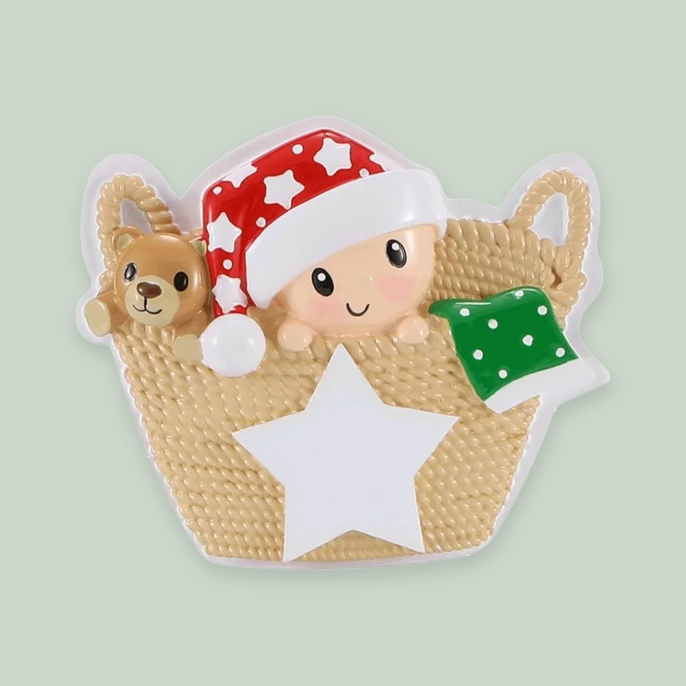 Baby in Basket (Red & Green) Personalized Christmas Ornament