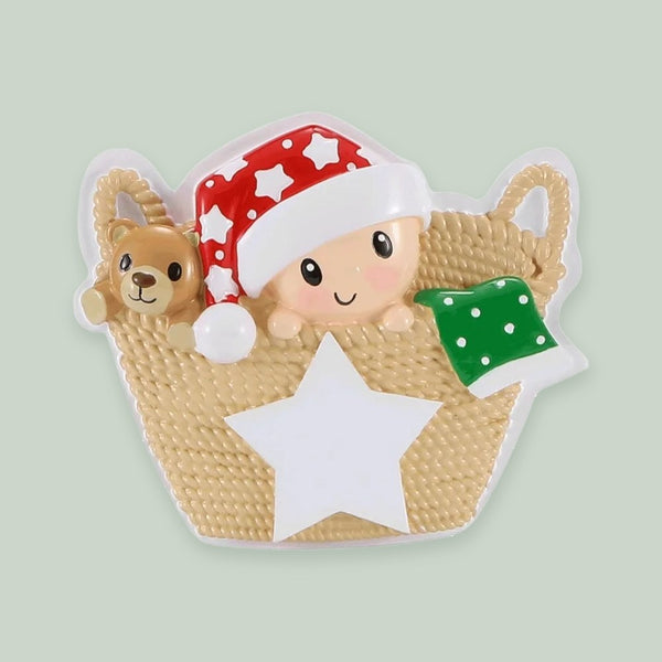 Baby in Basket (Red & Green) Personalized Christmas Ornament