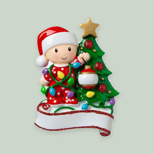 Baby Decorating A Tree (Red & Green) Personalized Christmas Ornament