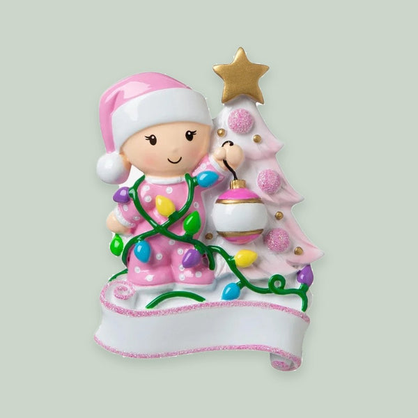 Baby Decorating A Tree (Pink) Personalized Christmas Ornament
