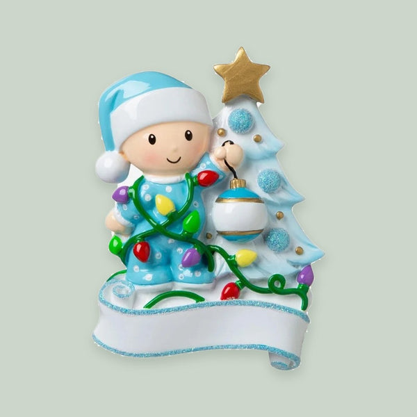 Baby Decorating a Tree (Light Blue) Personalized Christmas Ornament