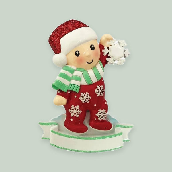 Baby Girl In Pajamas Holding Snowflake-Red&Green Personalized Christmas Ornament