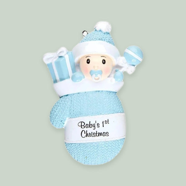 Baby Boy In Mitten Personalized Christmas Ornament
