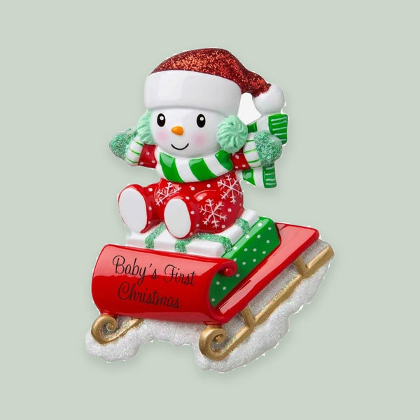 Snowbaby on Sled (Red & Green) Personalized Christmas Ornament
