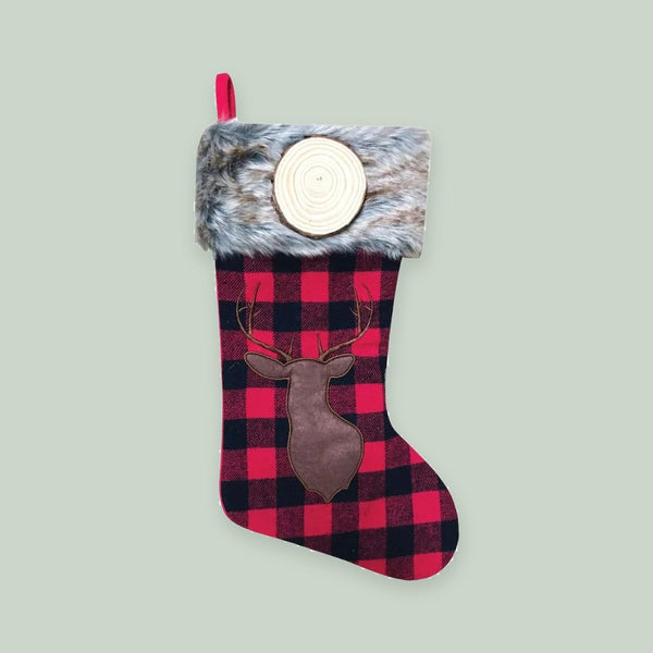 Red & Black Plaid with Brown Reindeer Personalized Christmas Stocking