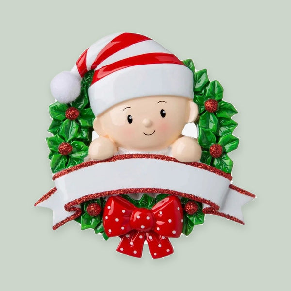 Baby in a Wreath (Red & Green) Personalized Christmas Ornament
