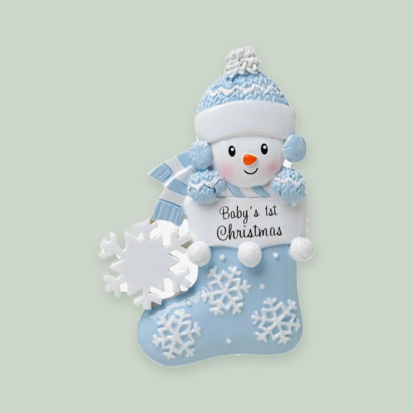 Baby Snowman in Stocking (Blue) Personalized Christmas Ornament