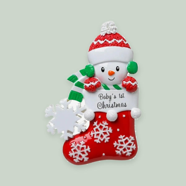Snow Baby In Stocking (Green/Red) Personalized Christmas Ornament