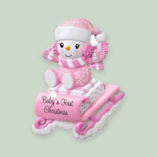 Snowbaby on Sled (Pink) Personalized Christmas Ornament